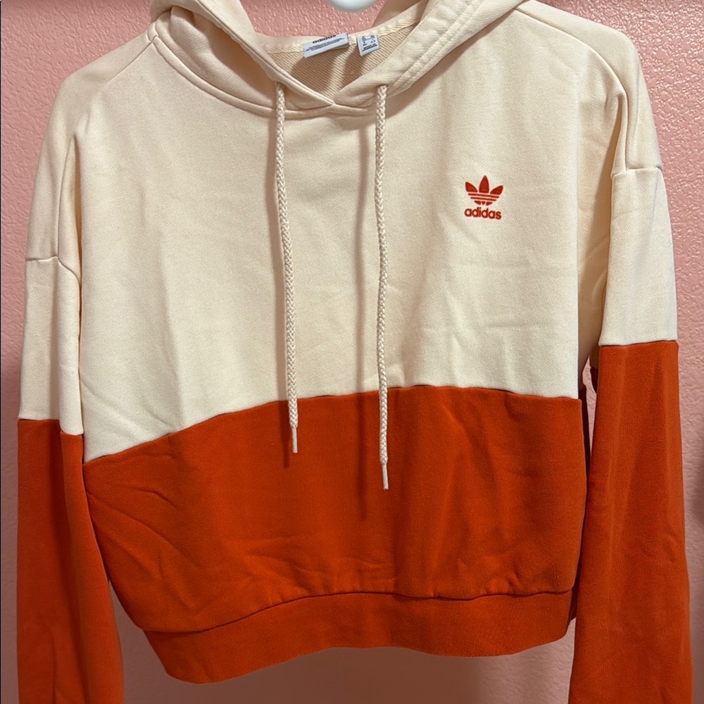 Adidas Cream and Orange Boxy Crop Hoodie